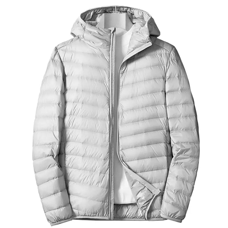 Men's Lightweight Down Jacket - Hooded, Zip Front, Winter