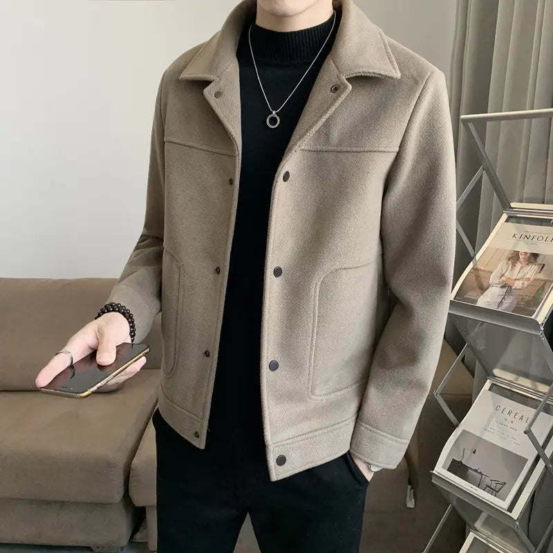 Men's Thick Woolen Short Coat - Slim Fit, Brown or Black