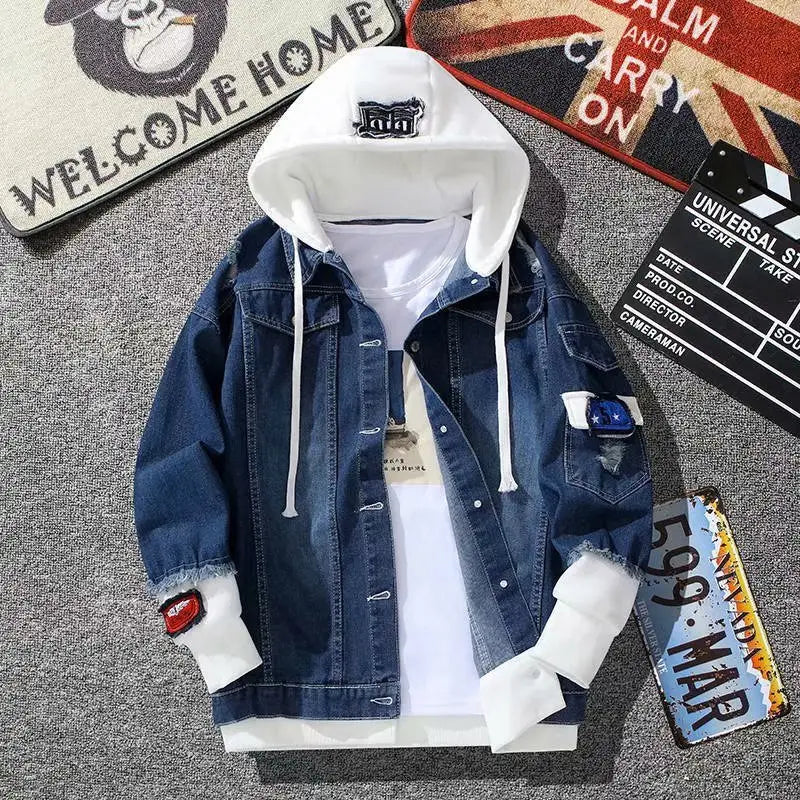 Men's Loose Fit Denim Hood Jacket - Light or Dark Blue