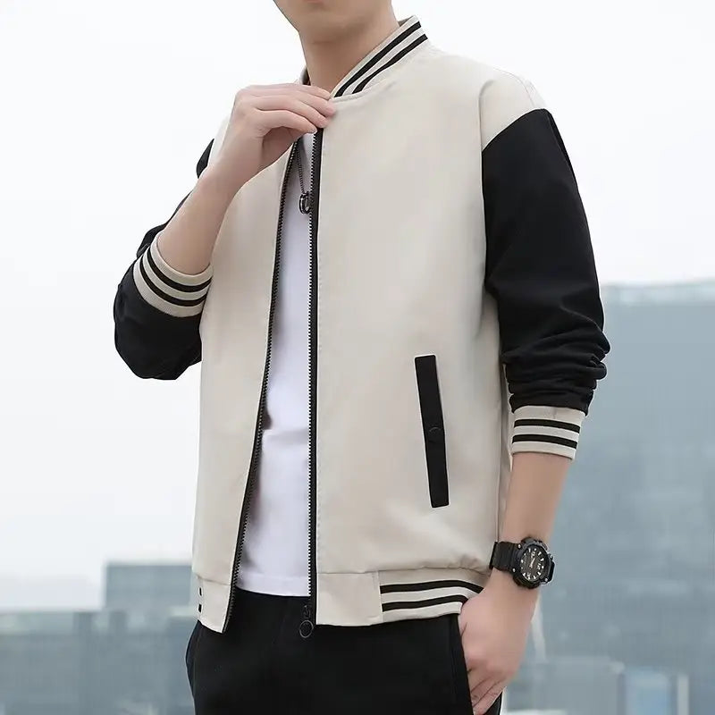 Men's Zip Baseball Jacket - Beige, Black or Green, M to 5XL