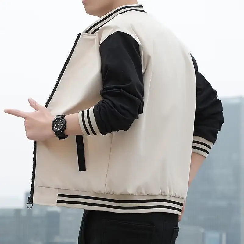 Men's Zip Baseball Jacket - Beige, Black or Green, M to 5XL