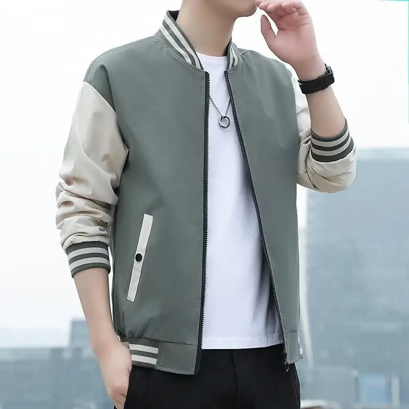 Men's Zip Baseball Jacket - Beige, Black or Green, M to 5XL
