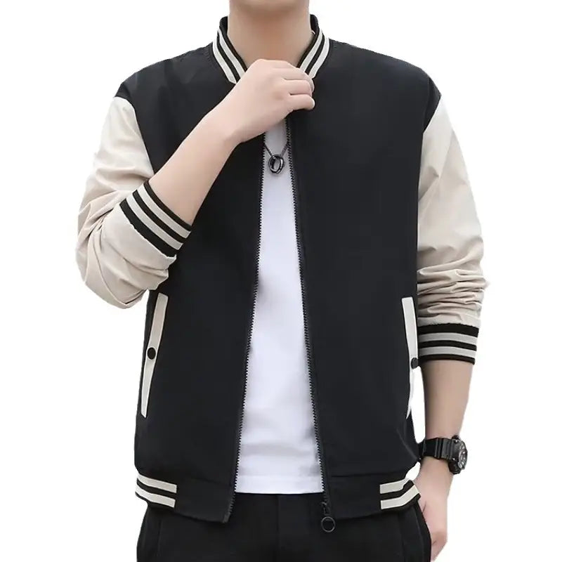 Men's Zip Baseball Jacket - Beige, Black or Green, M to 5XL