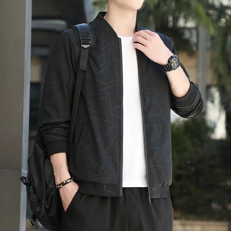 Men's Baseball Collar Jacket - Black or Blue, M to 5XL