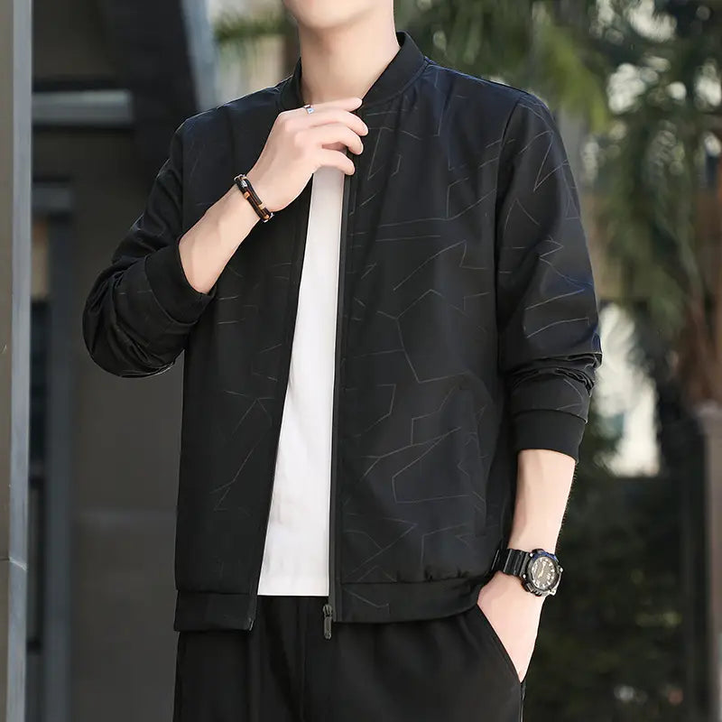Men's Baseball Collar Jacket - Black or Blue, M to 5XL