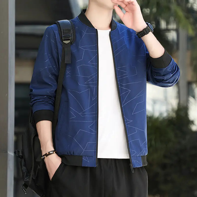 Men's Baseball Collar Jacket - Black or Blue, M to 5XL