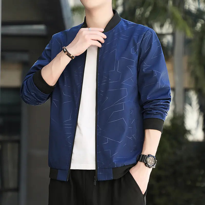 Men's Baseball Collar Jacket - Black or Blue, M to 5XL