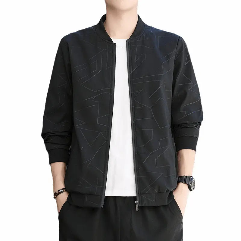 Men's Baseball Collar Jacket - Black or Blue, M to 5XL