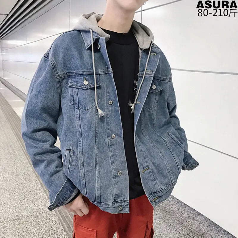 Men's Korean Fit Hooded Denim Jacket - Black or Light Blue