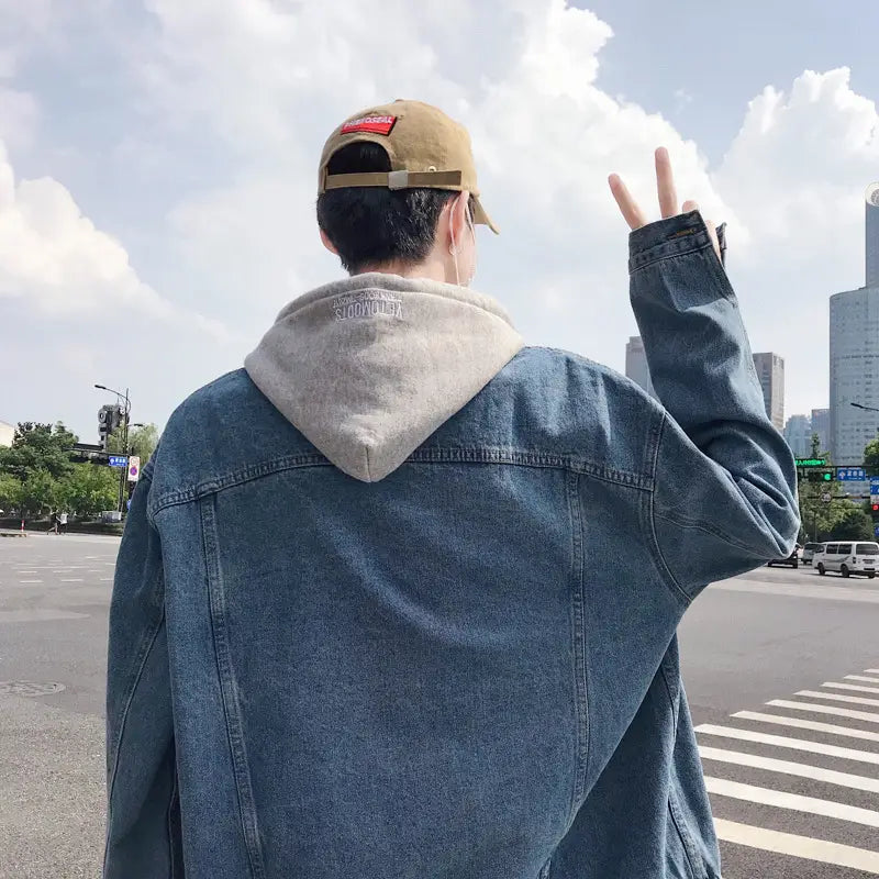 Men's Korean Fit Hooded Denim Jacket - Black or Light Blue