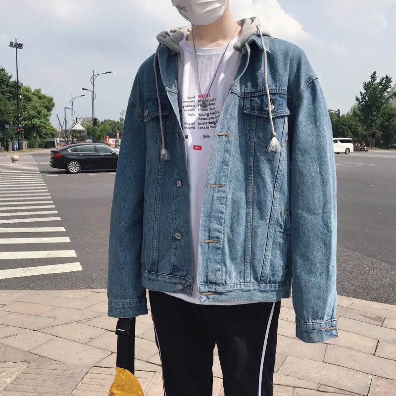 Men's Korean Fit Hooded Denim Jacket - Black or Light Blue