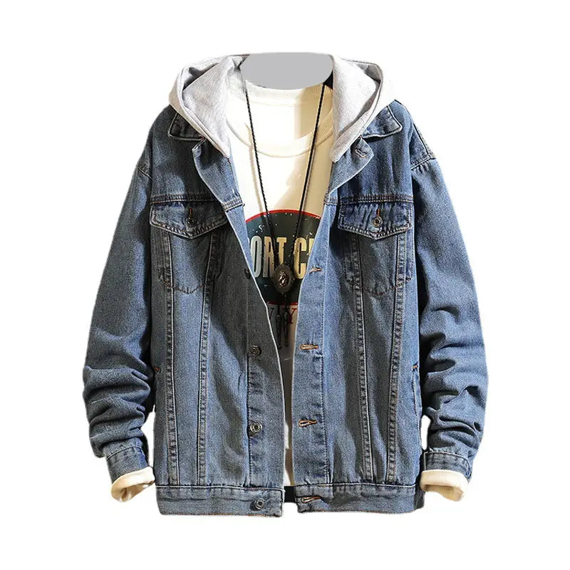Men's Korean Fit Hooded Denim Jacket - Black or Light Blue