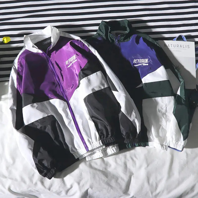Men's Colour Block Zip Jacket - Green or Purple, Korean Fit