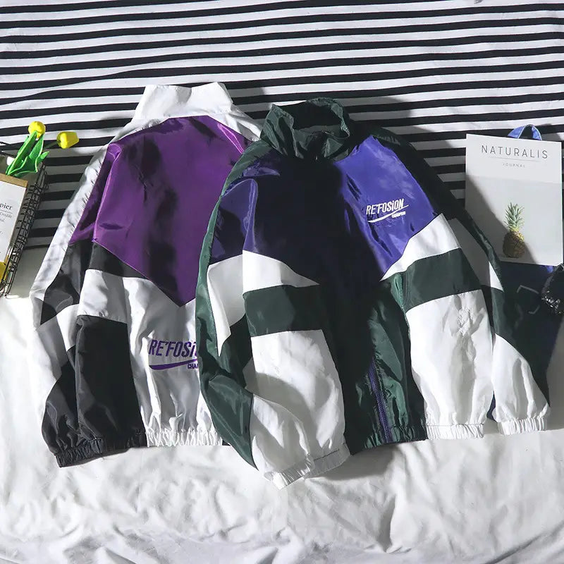 Men's Colour Block Zip Jacket - Green or Purple, Korean Fit
