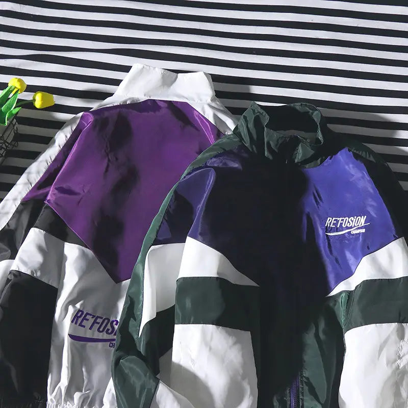 Men's Colour Block Zip Jacket - Green or Purple, Korean Fit