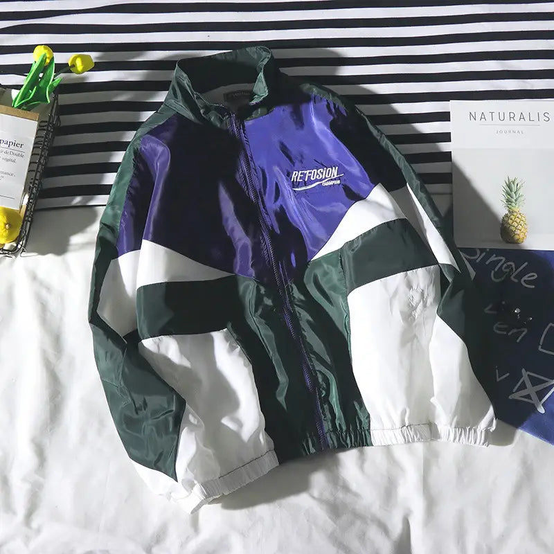 Men's Colour Block Zip Jacket - Green or Purple, Korean Fit