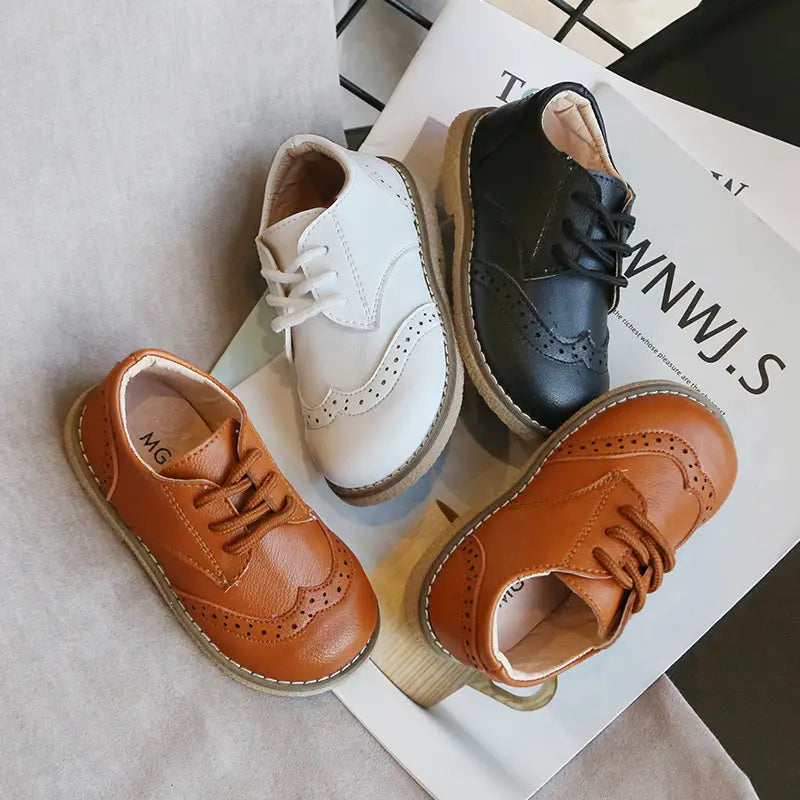 Kids Leather Shoes - White Classic Lace-Up, Ages 3-10