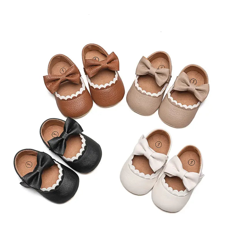 Baby Bow Shoes - White, Brown or Black, Non-Slip Sole