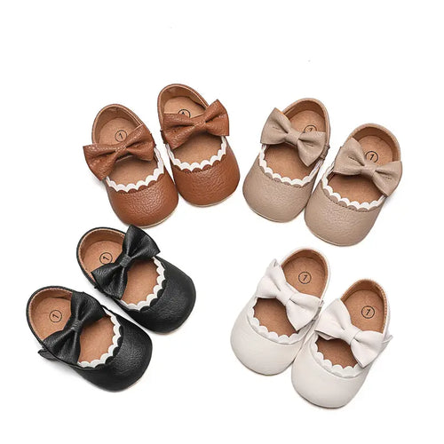 Baby Bow Shoes - White, Brown or Black, Non-Slip Sole