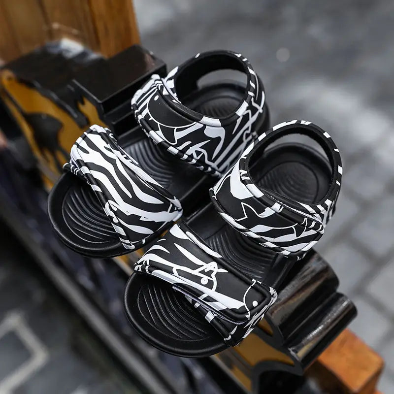 Kids Zebra Print Sandals - Black & White, Waterproof