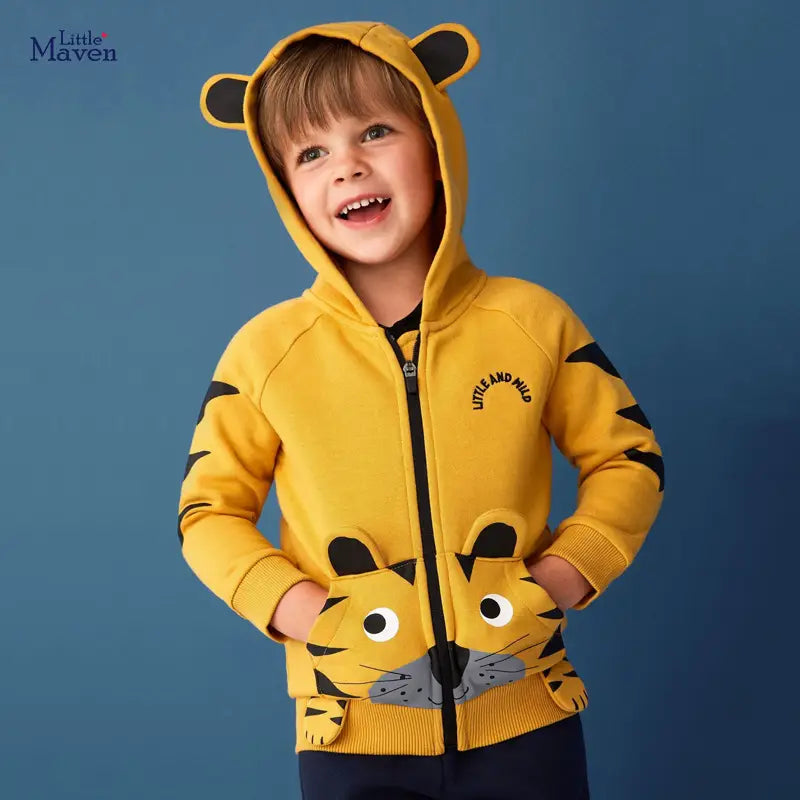 Kids Tiger Hoodie - Yellow, Velvet Lined, 90 to 140cm