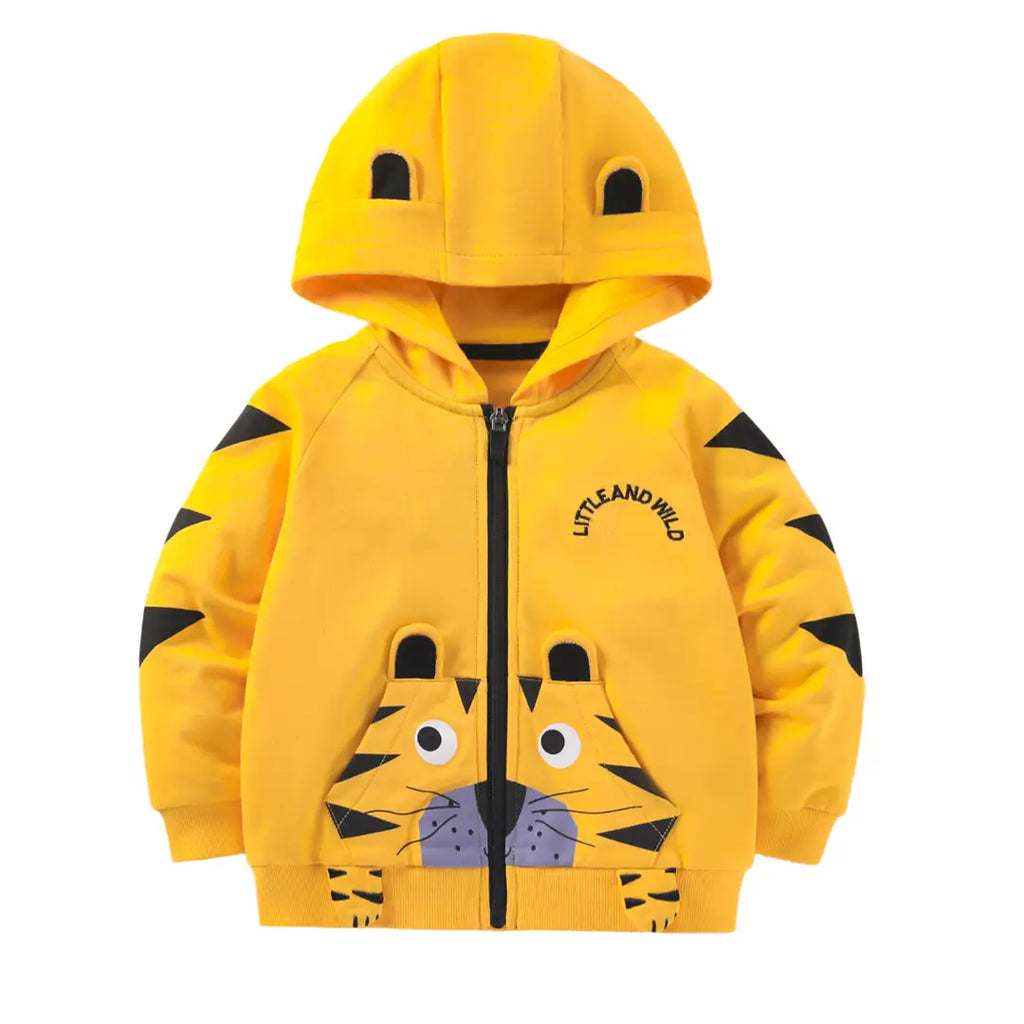 Kids Tiger Hoodie - Yellow, Velvet Lined, 90 to 140cm