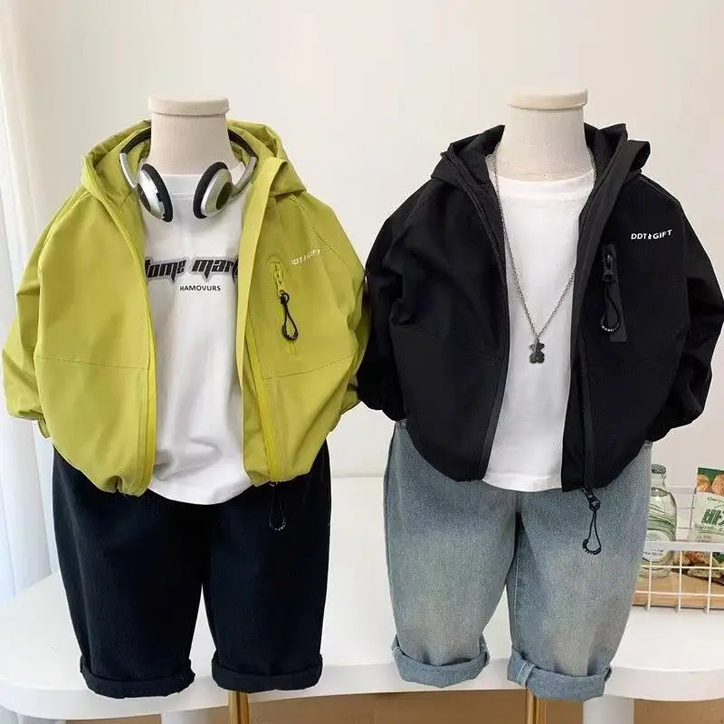 Boys Zipper Hooded Jacket - Yellow Green, Black, 80 to 150cm