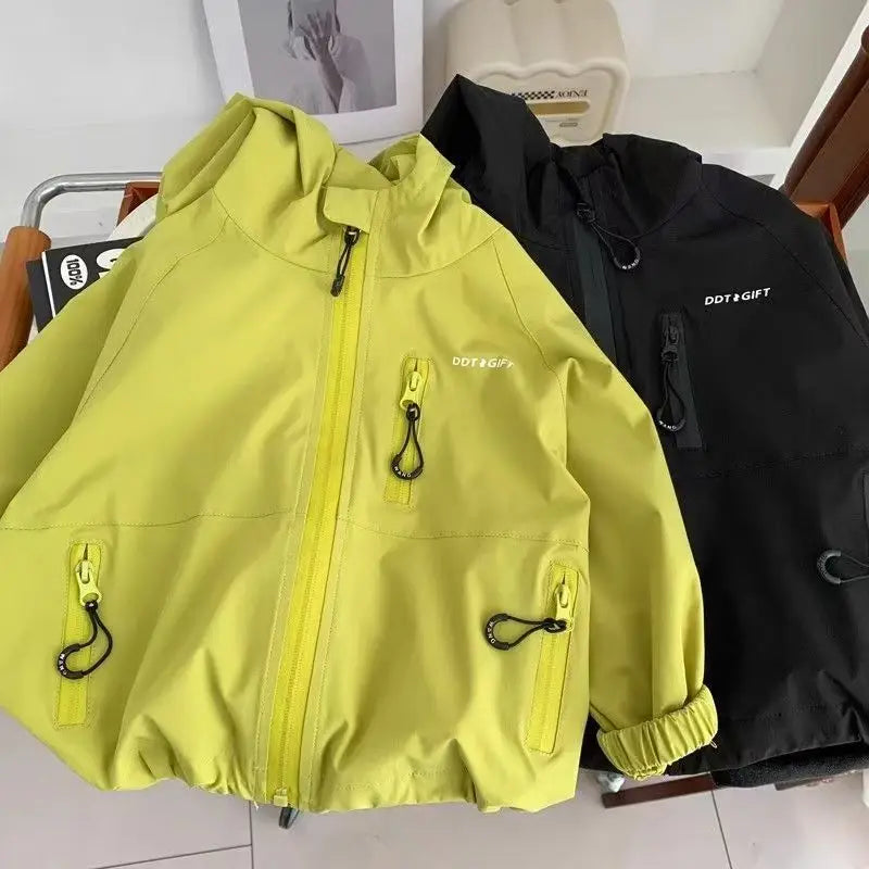 Boys Zipper Hooded Jacket - Yellow Green, Black, 80 to 150cm