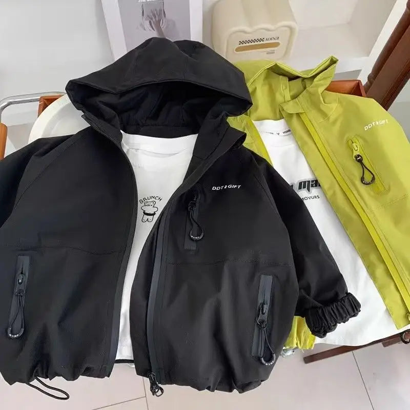 Boys Zipper Hooded Jacket - Yellow Green, Black, 80 to 150cm