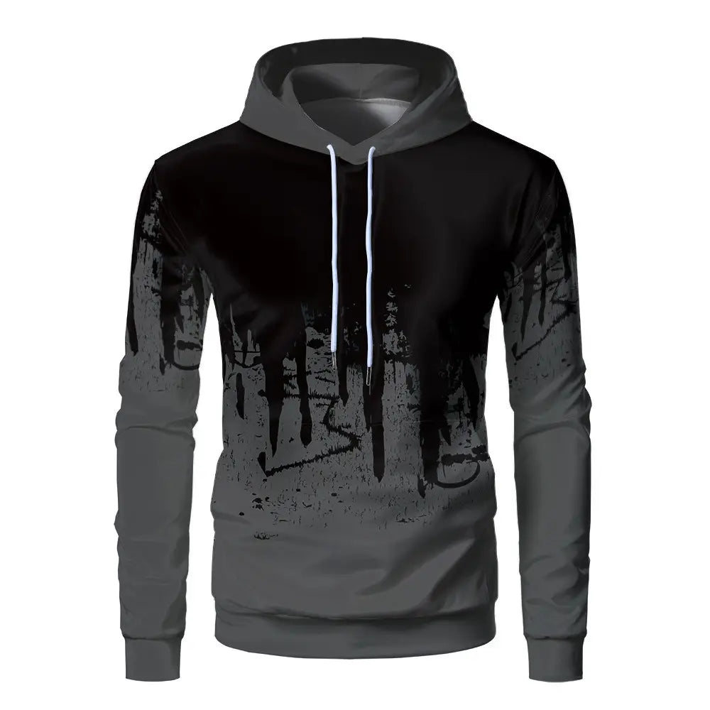Men's 3D Print Fleece Hoodie - Black & Grey, Loose Fit