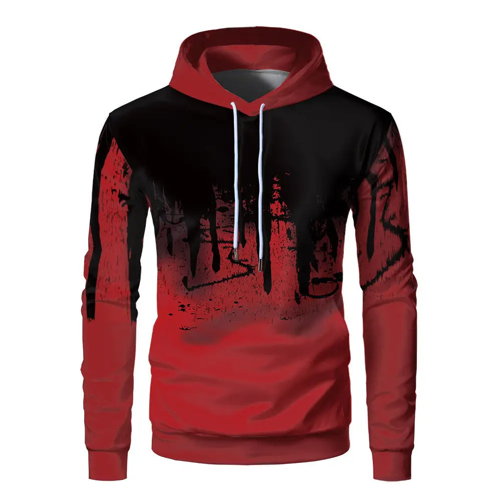 Men's 3D Print Fleece Hoodie - Black & Grey, Loose Fit - view 2