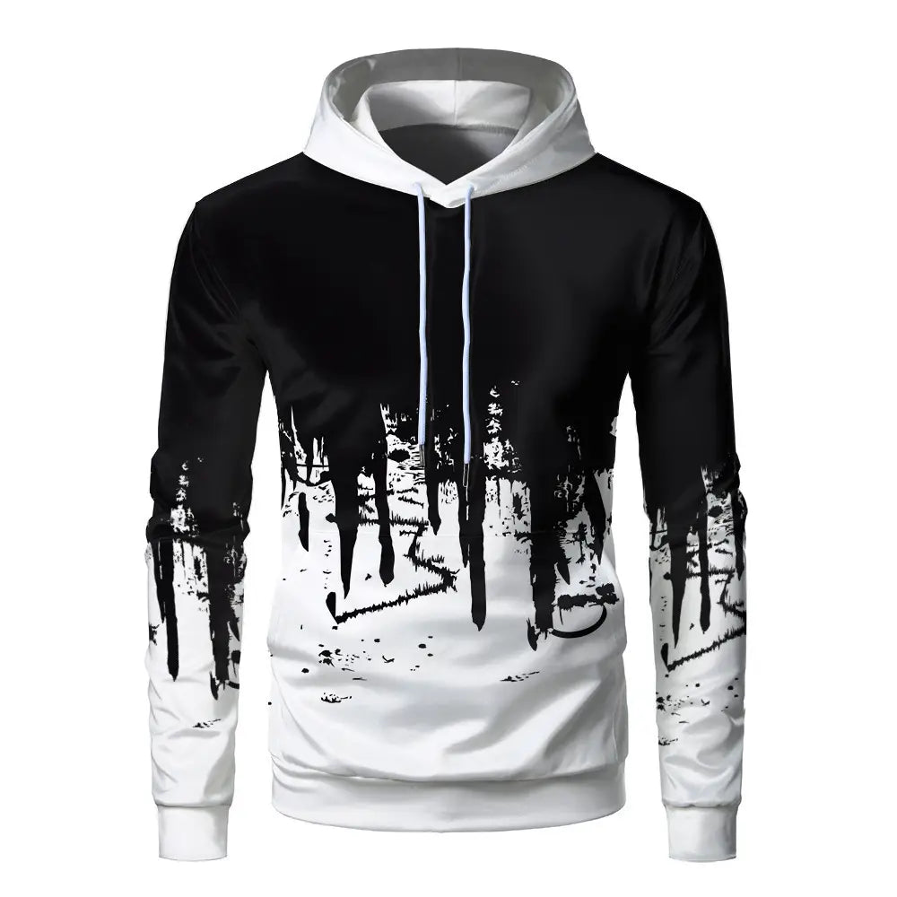 Men's 3D Print Fleece Hoodie - Black & Grey, Loose Fit - view 3
