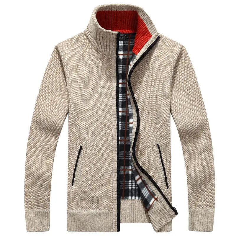 Men's Fleece Lined Knit Jacket - Dark Blue, Collared, M-3XL