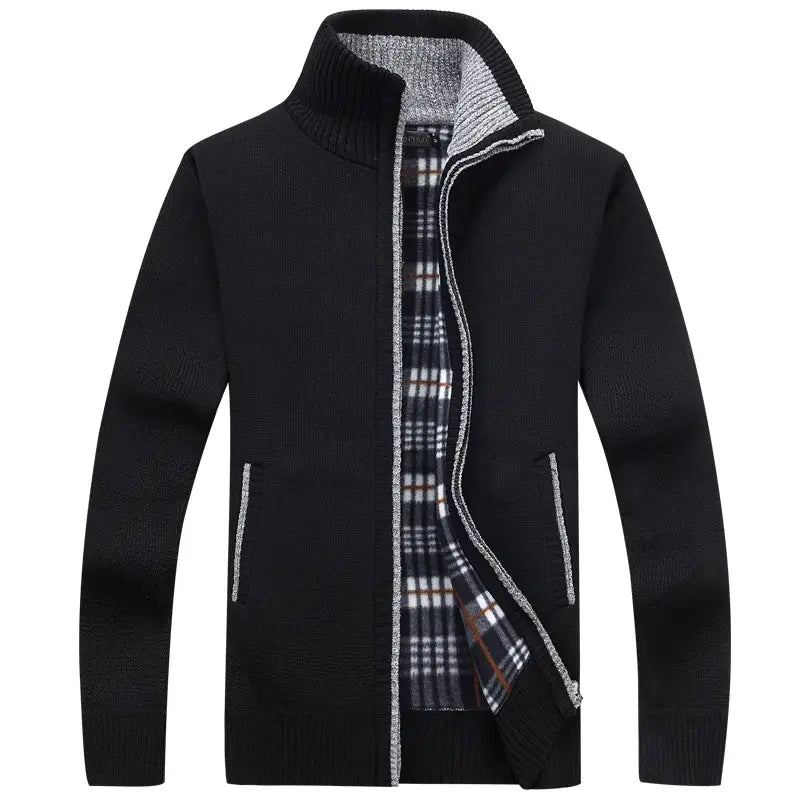 Men's Fleece Lined Knit Jacket - Dark Blue, Collared, M-3XL
