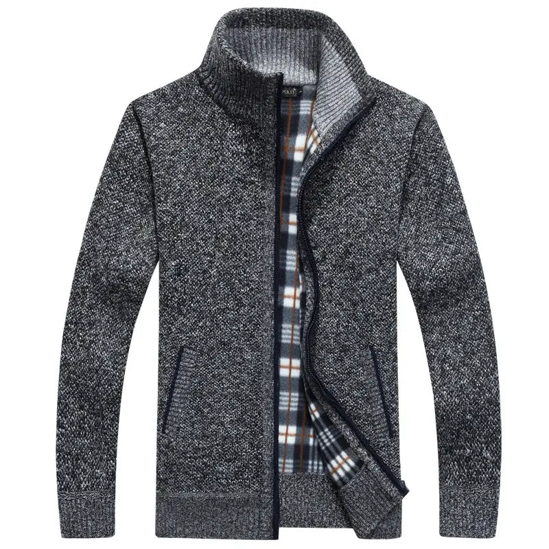 Men's Fleece Lined Knit Jacket - Dark Blue, Collared, M-3XL