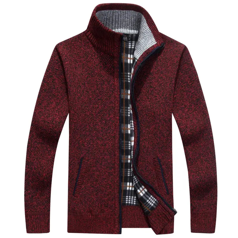 Men's Fleece Lined Knit Jacket - Dark Blue, Collared, M-3XL