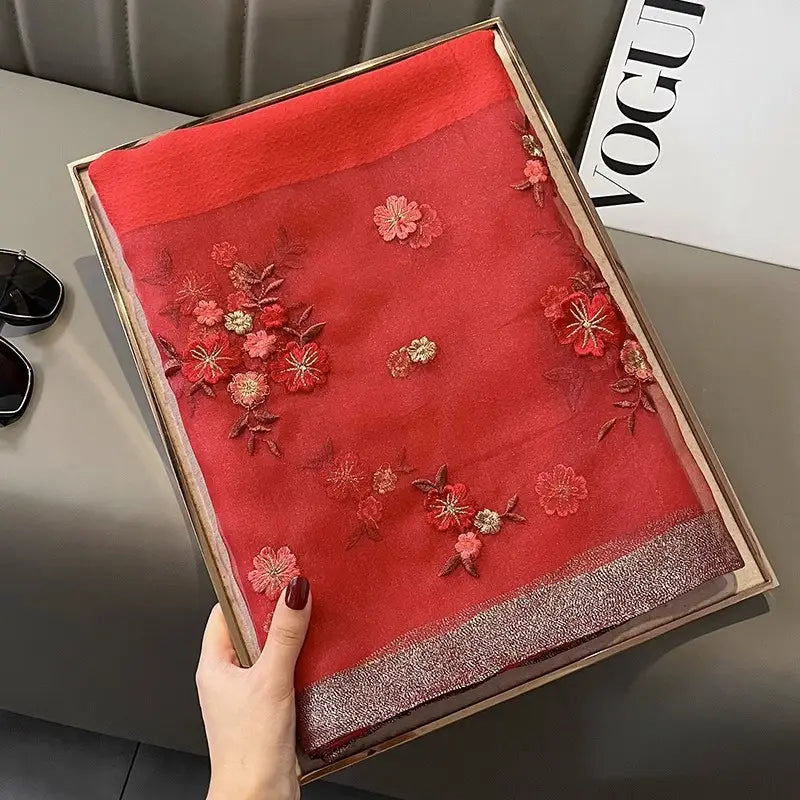 Women's Silk Scarf - Floral Embroidery, Several Colours