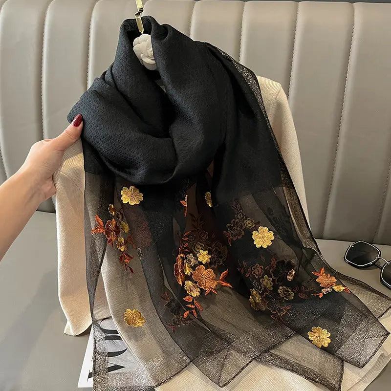 Women's Silk Scarf - Floral Embroidery, Several Colours