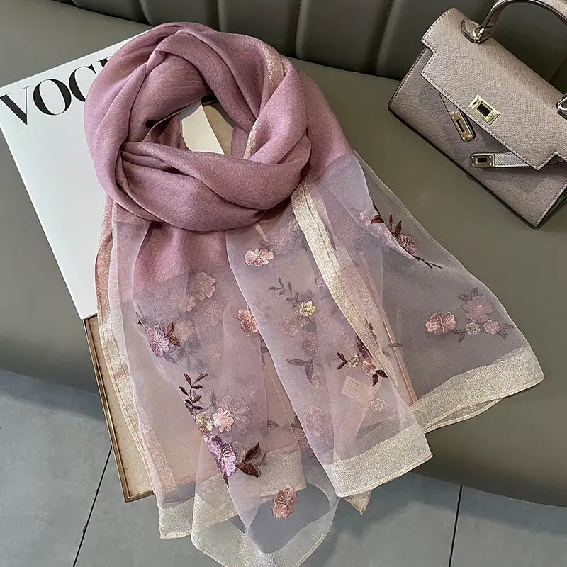 Women's Silk Scarf - Floral Embroidery, Several Colours