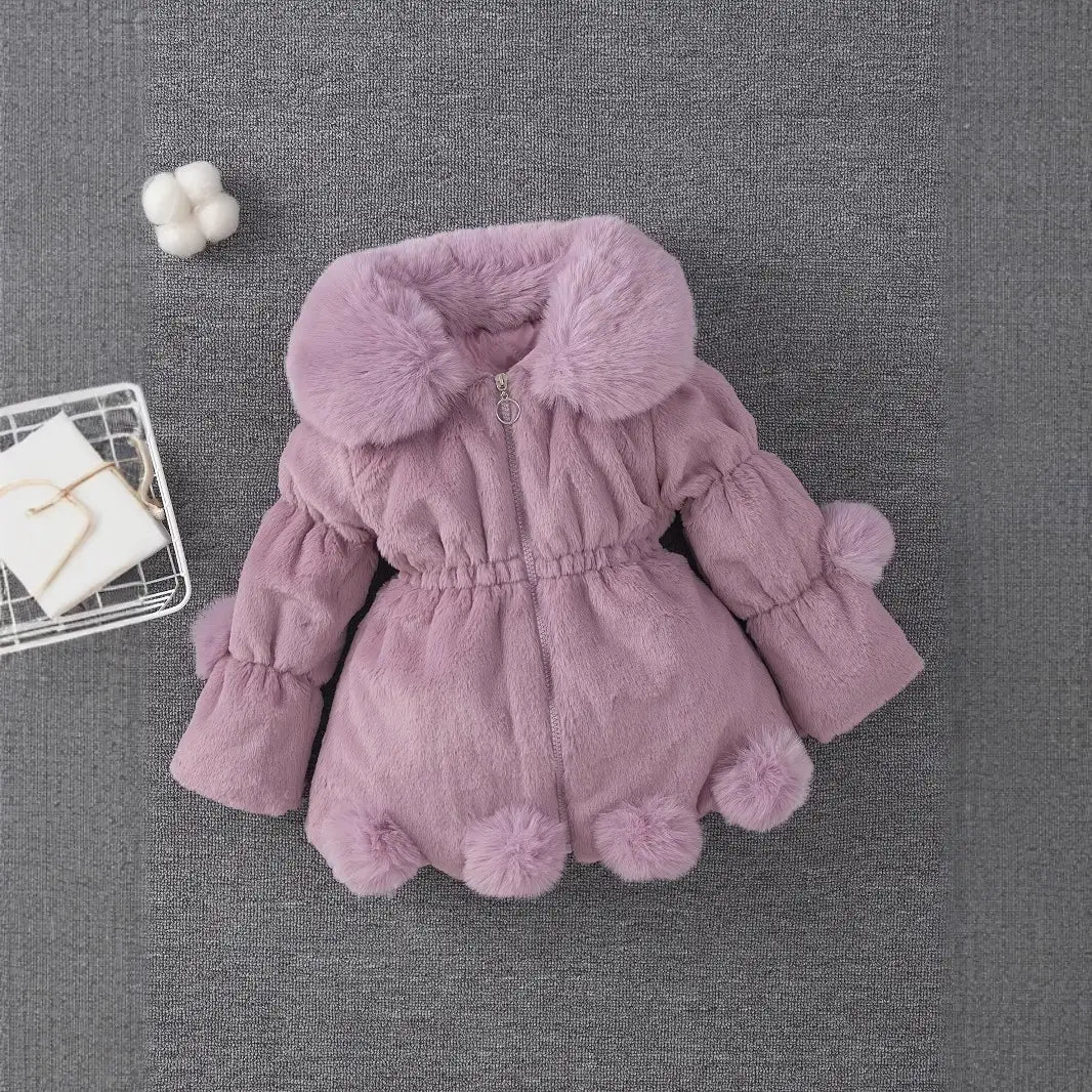 Girls Pom Pom Faux Fur Coat - 3 Colours, 90 to 150cm