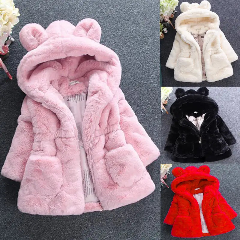 Girls Pom Pom Faux Fur Coat - 3 Colours, 90 to 150cm