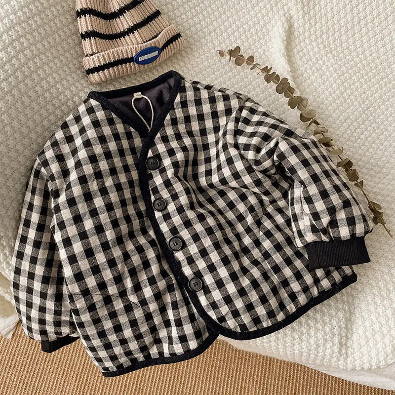 Kids Plaid Padded Jacket - Black White, 80-130cm, 1-8 Years
