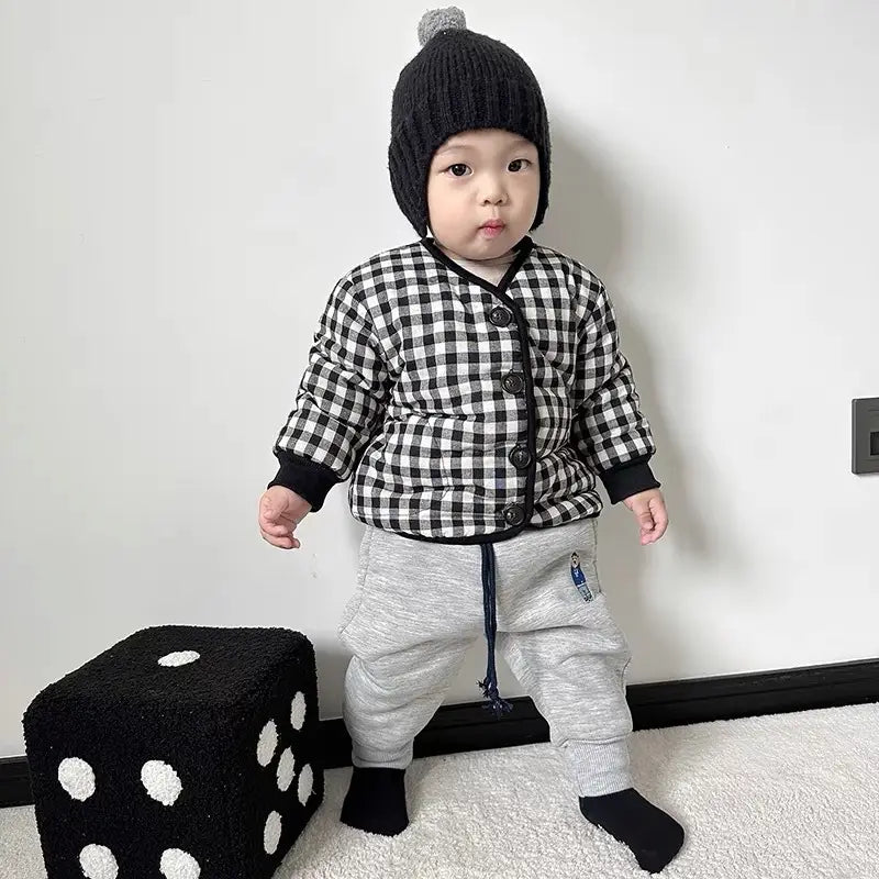 Kids Plaid Padded Jacket - Black White, 80-130cm, 1-8 Years