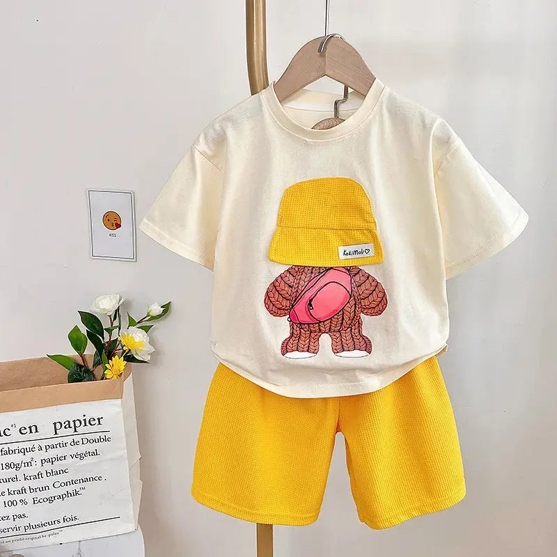 Kids Bear Print Shorts Suit - Yellow & White, Summer