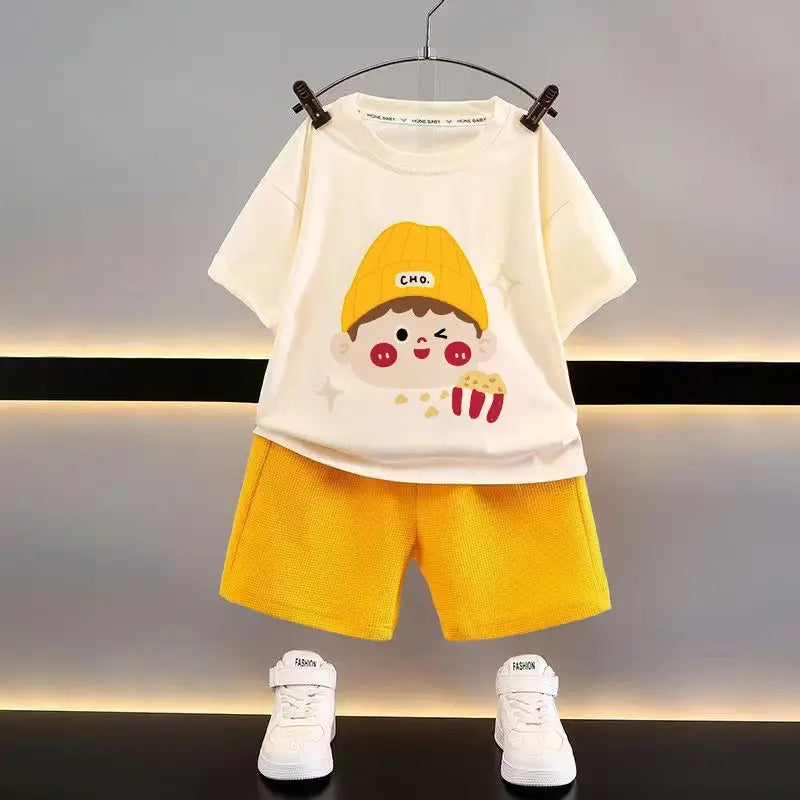 Kids Bear Print Shorts Suit - Yellow & White, Summer - view 2