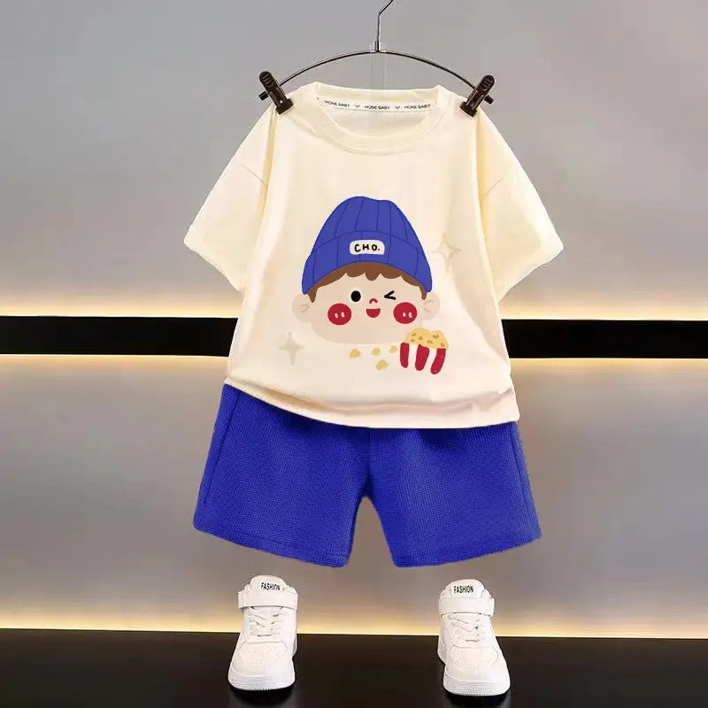 Kids Bear Print Shorts Suit - Yellow & White, Summer - view 3