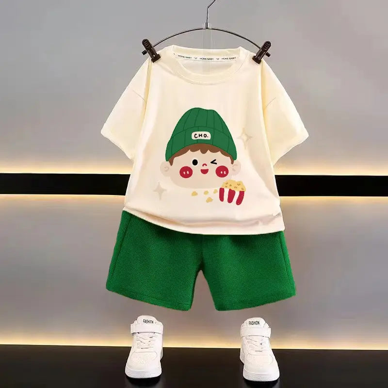 Kids Bear Print Shorts Suit - Yellow & White, Summer - view 4