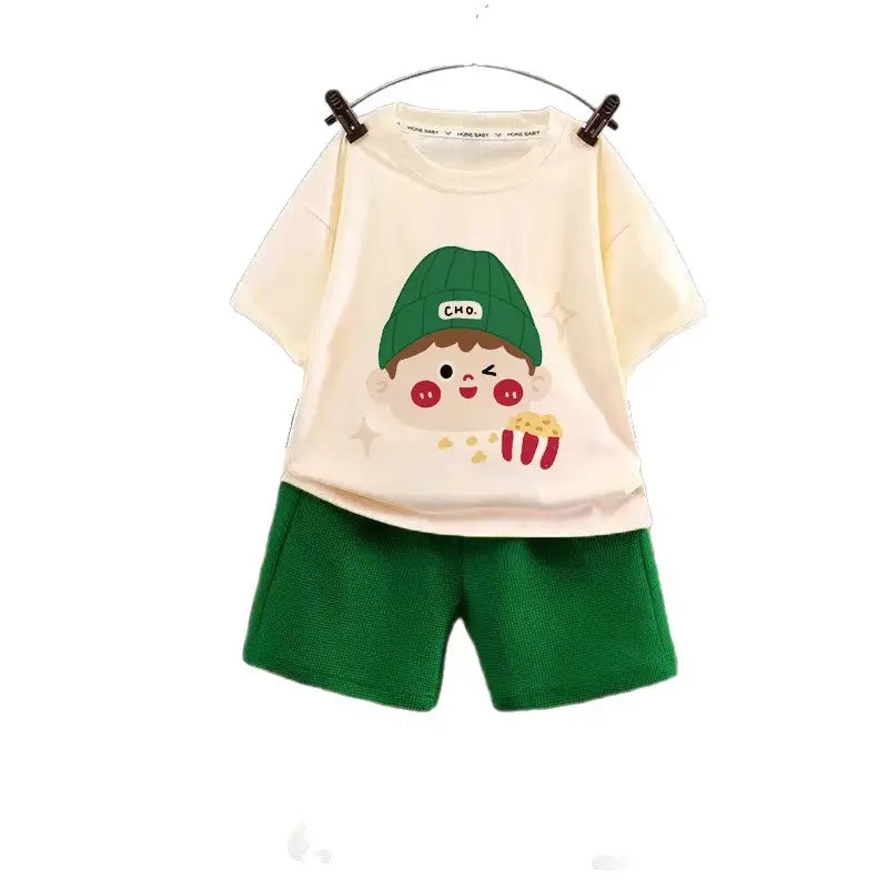Kids Bear Print Shorts Suit - Yellow & White, Summer - view 5