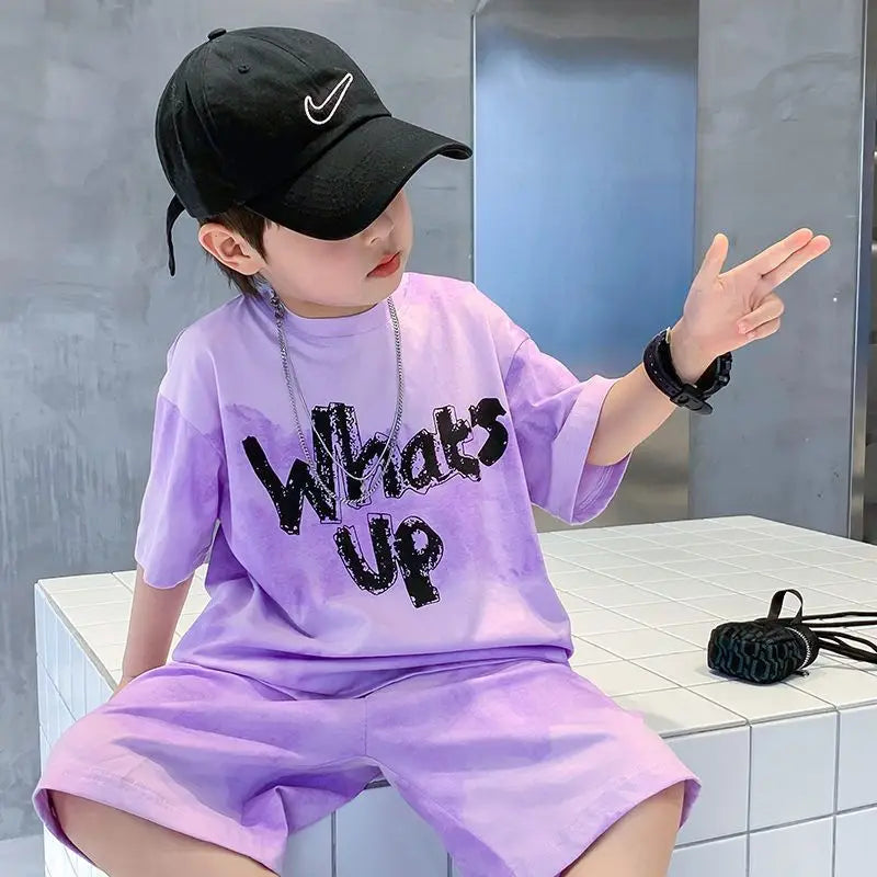 Kids Shorts & Tee Set - Purple Slogan Print