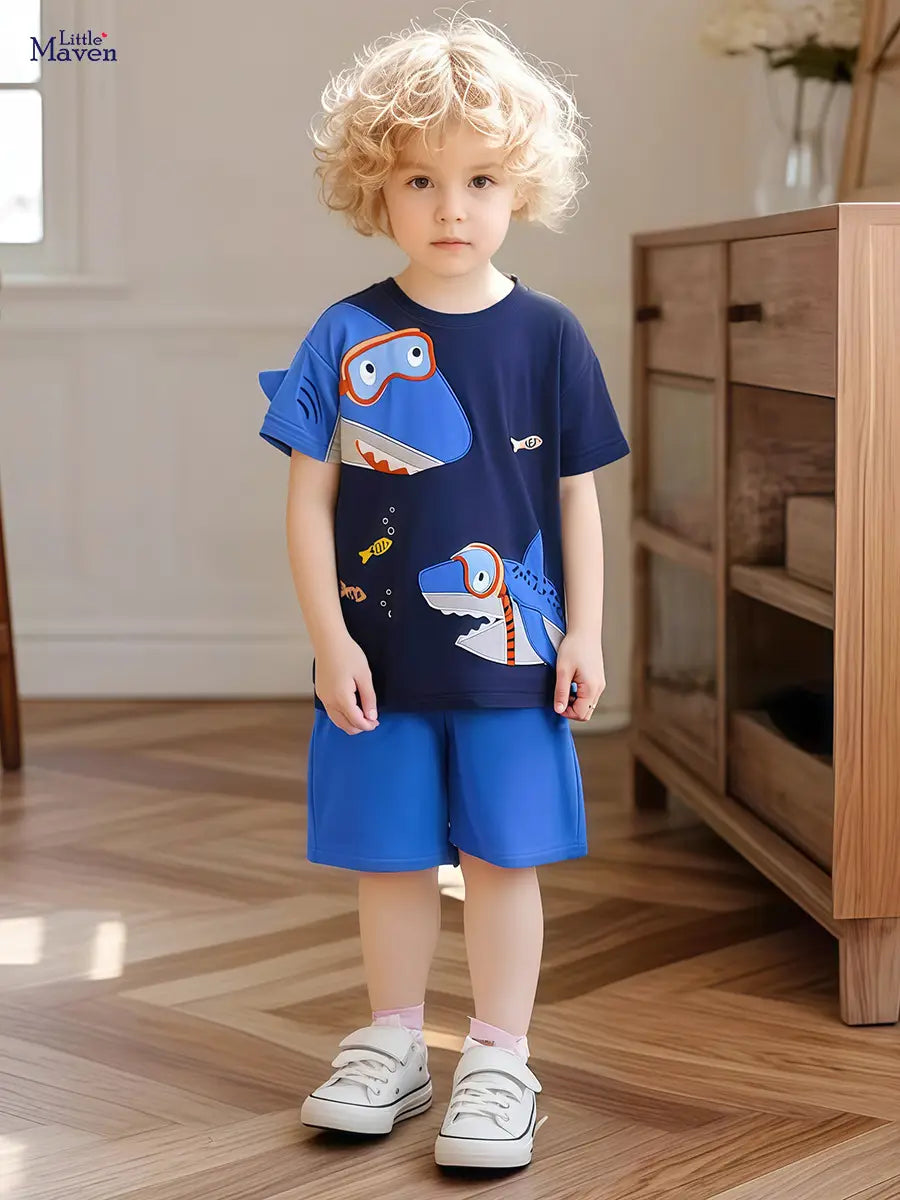 Boys Shark Print Shorts Suit - Blue